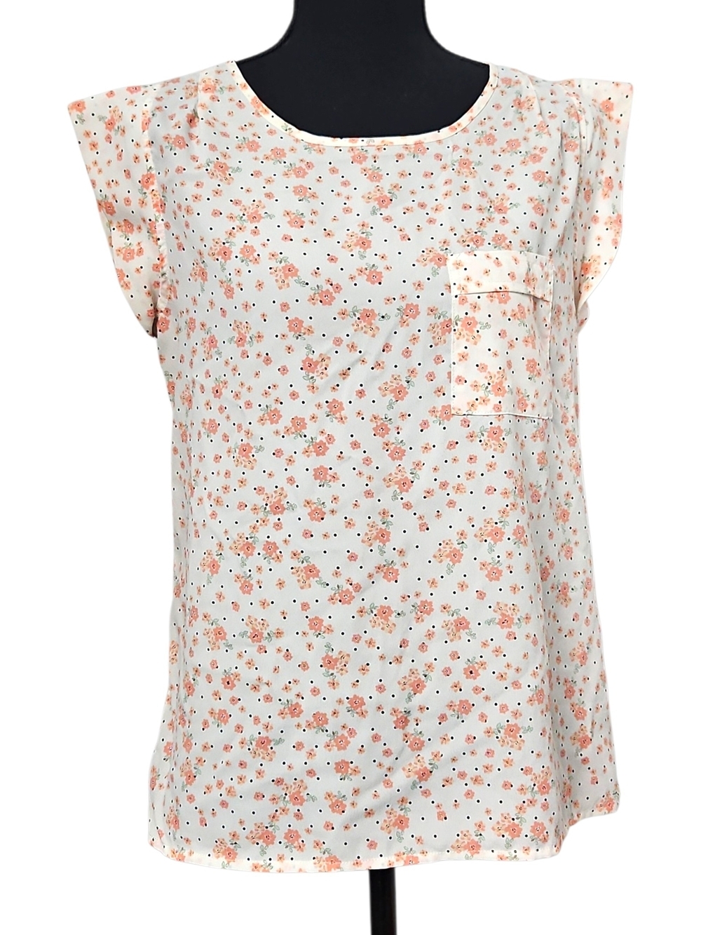 GAP Cream Floral Cap-Sleeve Pocket Top with Peach Blossoms